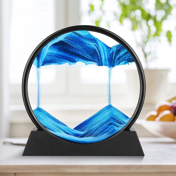 Moving Sand Art - 3D Dynamic Liquid Motion Picture | Round Glass Deep Sea Sandscape | Relaxing Home Office Decor (7 inch, Blue)